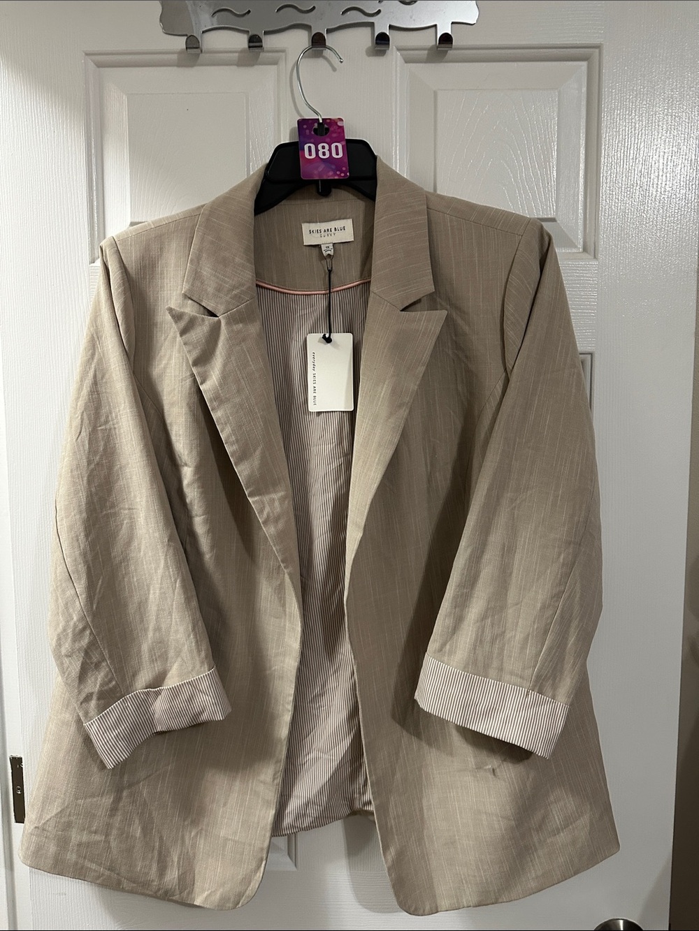 Skies Are Blue Beige Pinstripe Three-Quarter Sleeve Blazer